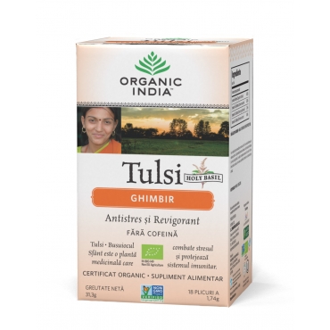 Ceai Tulsi (Busuioc Sfant) Ghimbir, Antistres Natural si Revigorant, plicuri, Organic India