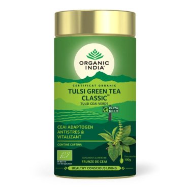 Tulsi (Busuioc Sfant) Ceai Verde, Antistres Natural & Vitalizant, cutie Organic India 100 g