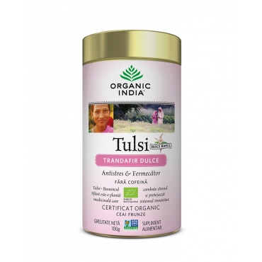 Oferta- Ceai Tulsi (Busuioc Sfant) Trandafir Dulce, Antistres & Fermecator, Organic India, 100g