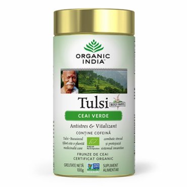 Oferta- Tulsi (Busuioc Sfant) Ceai Verde, Antistres Natural & Vitalizant, cutie Organic India 100 g