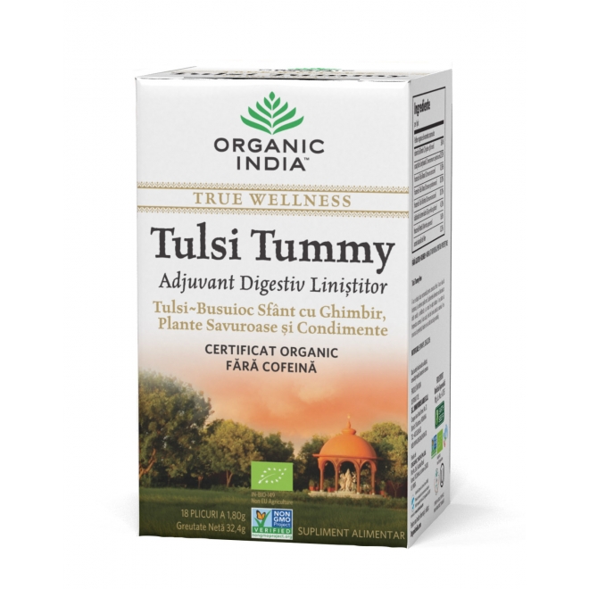 Ceai Digestiv Tulsi (Busuioc Sfant) Tummy cu Ghimbir, Plante Savuroase si Condimente, plicuri, Organic India