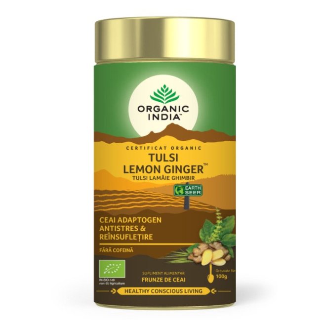 Ceai Tulsi (Busuioc Sfant) cu Lamaie si Ghimbir, Antistres Natural & Reinsufletire, cutie, Organic India 100g