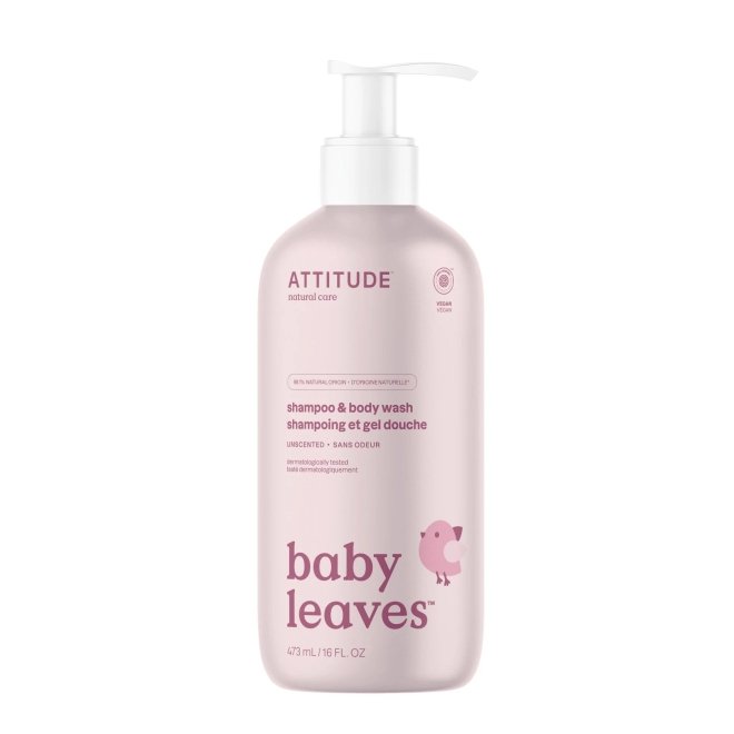 2 in 1 Sampon si Gel de dus, Baby Leaves, fara miros, pt. bebelusi, Attitude, 473 ml