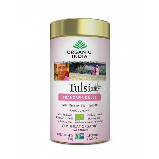 Ceai Tulsi (Busuioc Sfant) Trandafir Dulce, Antistres & Fermecator, Organic India, 100g