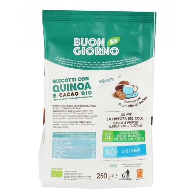 Biscuiti Buongiorno Bio cu quinoa si cacao (fara: drojdie, lapte, ulei de palmier), La Finestra sul Cielo, 250 g