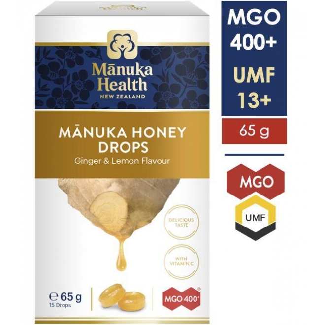 Dropsuri cu miere de Manuka, ghimbir, lamaie si vitamina C, MGO 400 +, Manuka Health, 65 g