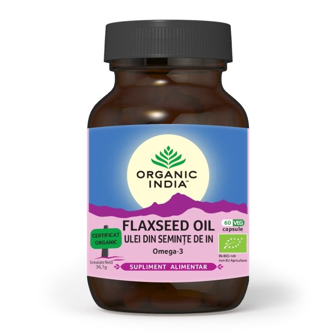 Flaxseed Oil, ulei din Seminte de In, Sursa Naturala de Omega 3, Organic India, 60 cps