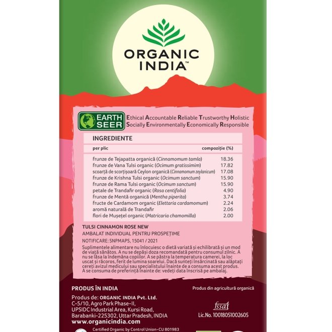 Ceai Tulsi (Busuioc Sfant) Scortisoara Trandafiri, Ceai Adaptogen Antistres & Divin, Organic India, 25 plicuri