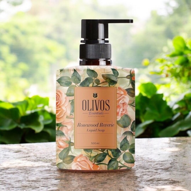 Sapun lichid Rosewood Reverie cu parfum de trandafir si bujor, Olivos, 500 ml