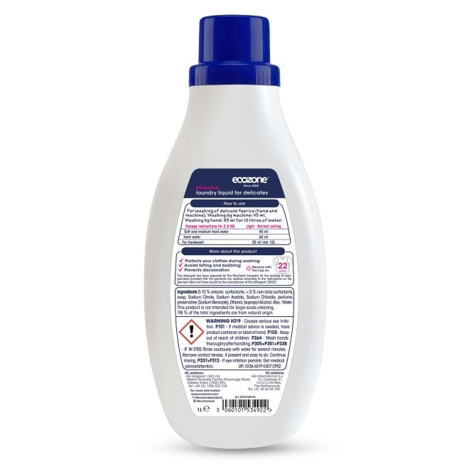 Detergent lichid pentru rufe delicate, 22 spalari, BioActive, Ecozone, 1L